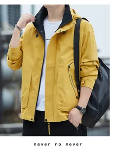 Mens colorblock hooded windbreaker jacket casual outdoor tactical cargo coat apparel fashion wear