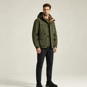 Giacca a Vento con Cappuccio Uomo Outdoor Primavera Autunno Tasche multiple Cappotto