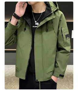 Detailed view of mens tactical hooded windbreaker jacket with sleeve patch pocket and zipper.