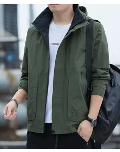 Men's outdoor hooded hardshell jacket, windproof workwear coat with multiple pockets.