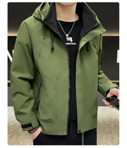 Men's spring hooded windbreaker jacket detail showcasing utility pockets and premium fabric build.