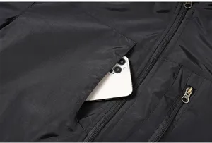 Close up detail view of mens black casual jacket pocket with zipper and smartphone storage.