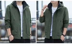 Men's hooded windbreaker jacket casual outdoor tactical workwear coat with multiple pockets.