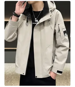 Men's hooded windbreaker jacket casual outdoor cargo streetwear spring outerwear style.