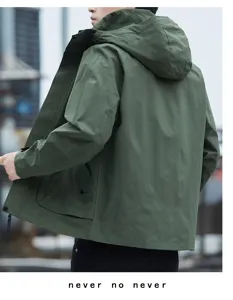 Detailed showcase of army green waterproof outdoor tactical windbreaker jacket back hood.