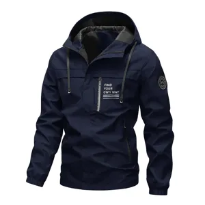 Mens hooded windbreaker jacket casual outerwear with chest pocket zipper blue stylish spring