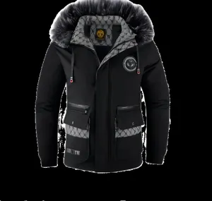 Men's winter thick padded hooded jacket with faux fur trim, black casual outerwear.