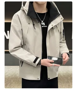 Men tactical hooded jacket spring autumn casual windbreaker stylish outdoor wear details.