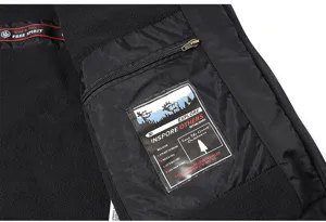 Men winter fleece jacket detail view, black warm cozy coat inner pocket and label design