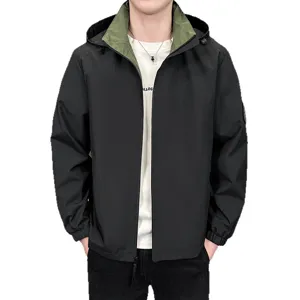 Mens Hooded Casual Jacket Spring Autumn Fashionable Outerwear Solid Black Zip Up Coat