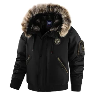 Men winter thick hooded padded jacket warm fleece lined black coat outerwear main view