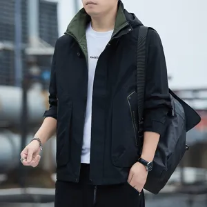 Men's Waterproof Windbreaker Jacket Hooded Loose Fit Outdoor Sports Utility Coat Autumn Winter Long Sleeve Jacket