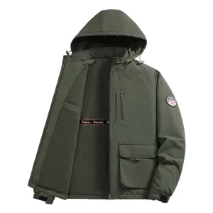 Men's Casual Thickened Fleece Lined Hooded Jacket Winter Warm Cargo Outerwear Multi Pocket Stand Collar Zip Coat