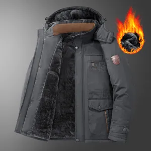 Men's winter fleece lined thick warm hooded padded jacket with multiple pockets grey coat.