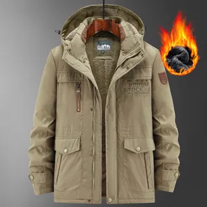 Men's Winter Fleece Thickened Hooded Jacket Windproof Thermal Multi-Pocket Outdoor Casual Coat