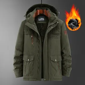 Men's winter fleece lined hooded tactical jacket with multi pockets for outdoor sports.