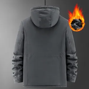 Men's winter fleece lined thick hooded jacket outdoor windproof warm thermal coat