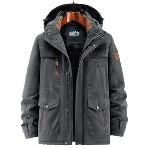 Men's winter fleece thick hooded jacket outdoor windproof warm multi-pocket coat top