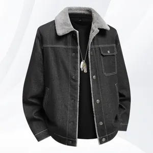 Herren Winter Verdickte Jeansjacke Fleece Gefüttert Revers Lässige Lose Oberbekleidung Vintage Baumwollmischung Mantel