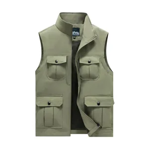 Men's Casual Outdoor Sports Fishing Zipper Vest Multi-Pocket Stand Collar Sleeveless Polyester Outerwear Top