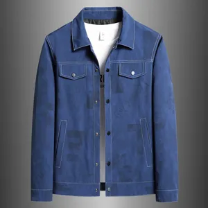 Men's blue lapel workwear jacket with contrast stitching and all-over print casual coat top