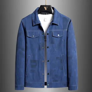 Men's lapel all-over print casual jacket outerwear, stylish blue workwear coat with pockets.