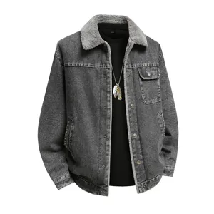 Herren graue gefütterte Jeansjacke mit Sherpa-Kragen, warme Winter Oberbekleidung.