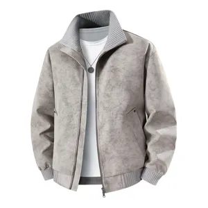 Mens vintage suede jacket stand collar full zip casual windbreaker outerwear for spring.