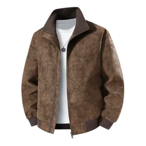 Men vintage brown suede jacket high collar casual outwear windproof zip coat for spring