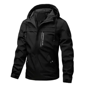 Giacca Giubbotto Antivento Uomo con Cappuccio Casual Sportswear Impermeabile Nero