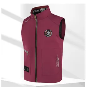 Burgundy men workwear vest detail showing stand collar, zipper pocket and chest patch logo.