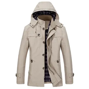 Men's Casual Cotton Hooded Mid-Length Windbreaker Jacket Business Slim Fit Solid Color Autumn Outerwear Coat
