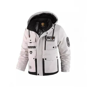 Men's thickened hooded winter cotton jacket with color-blocking and utility pockets for warmth.