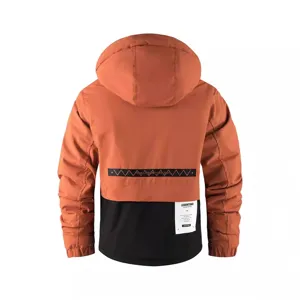 Men's winter thickened hooded padded jacket in orange and black back view, waterproof outdoor coat.