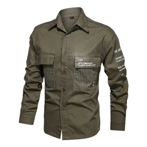 Men's Casual Cotton Cargo Shirt Long Sleeve Button Down Thin Work Shirt With Pockets Outdoor Printed Top For Spring Autumn