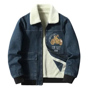 Herren Casual Baumwollmischung Denim Jacke Verdickt Warm Lammwollimitat Gefütterter Mantel Mit Motorrad Stickerei Winter Streetwear Top