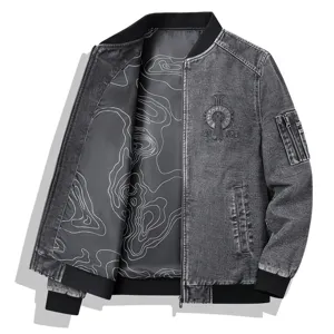 Men's Vintage Washed Denim Jacket American Streetwear Loose Embroidered Baseball Collar Zipper Top With Multi-Pocket Coat Casual Fashion Outerwear