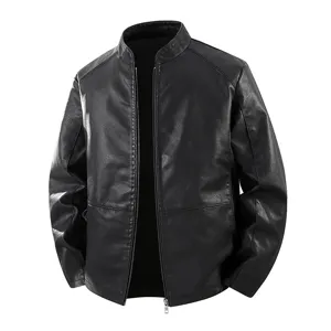 Veste en Cuir PU pour Hommes Col Montant Décontracté Moto Similicuir Vêtement d'Extérieur Couleur Unie Coupe-vent Manteau Zippé