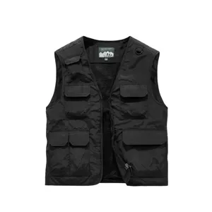 Men's Outdoor Multi-Pocket Fishing Work Vest Nylon Mesh Lining V-Neck Zipper Fly Casual Sleeveless Photography Jacket Coat