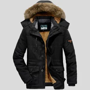 Men's Winter Mid-Length Cotton Parka Jacket With Large Faux Fur Hood Fleece Lined Thickened Warm Windproof Outerwear Overcoat