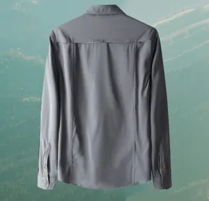 Back view detail of men's casual long sleeve work shirt with button cuffs and back yoke design.