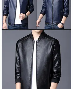 Herren PU Lederjacke Slim Fit Stehkragen Motorrad Bomberjacke für Herbst und Frühling