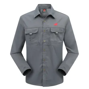 Men's casual tactical long sleeve work shirt with dual chest pockets and classic lapel design.