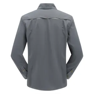Men casual long sleeve work shirt back view, solid grey breathable outdoor business blouse.
