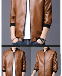 Detailansicht der braunen PU-Lederjacke für Herren mit schwarzem Rippbund und Frontreißverschluss.