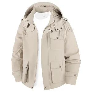 Veste cargo homme kaki à capuche multi-poches, vêtement décontracté quotidien avec fermeture.