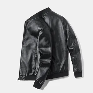 Men's Stylish Black Faux Leather Bomber Jacket Stand Collar Casual Outerwear Plus Size