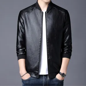 Stilvolle schwarze PU Leder Bomberjacke für Herren lässige Slim Fit Übergangsjacke.