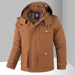 Veste utilitaire marron en coton pour homme casual capuche multi poches manteau hiver chaud