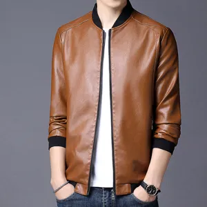 Men's brown faux leather jacket with stand collar casual stylish autumn outerwear coat